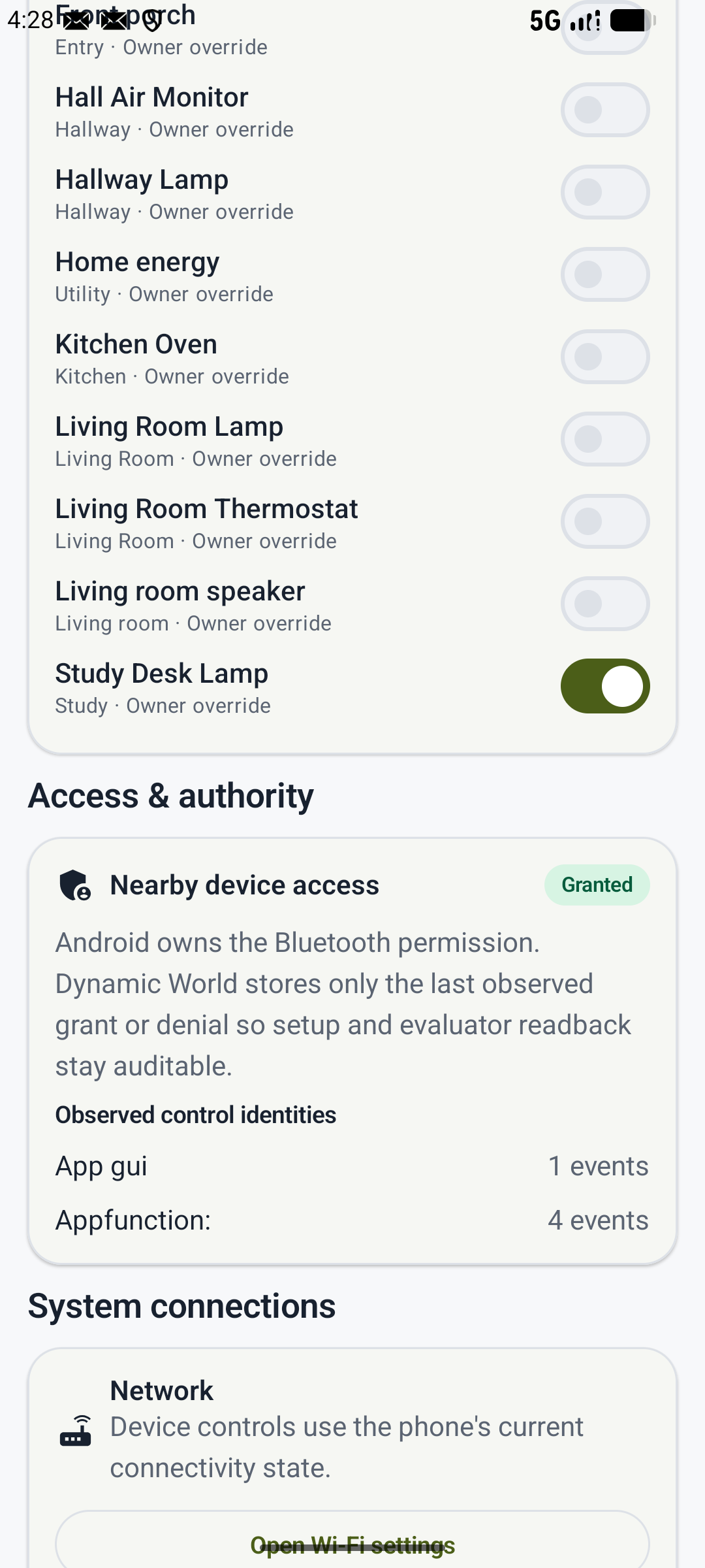 SmartHome: Li Si’s study-lamp permission enabled through the GUI.